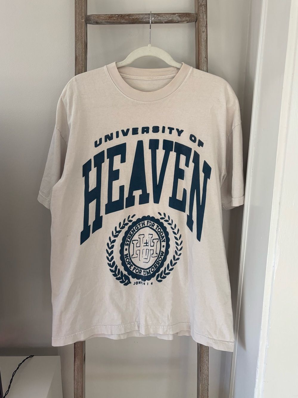 Oversized University of Heaven Graphic Tee - Cream with Navy Print